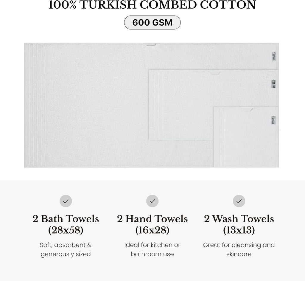 BW Luxe Home Bath Towel Set, 6-Piece, 100% Turkish Cotton, 600 GSM, White | Includes Bath, Hand and Wash Towels, Soft