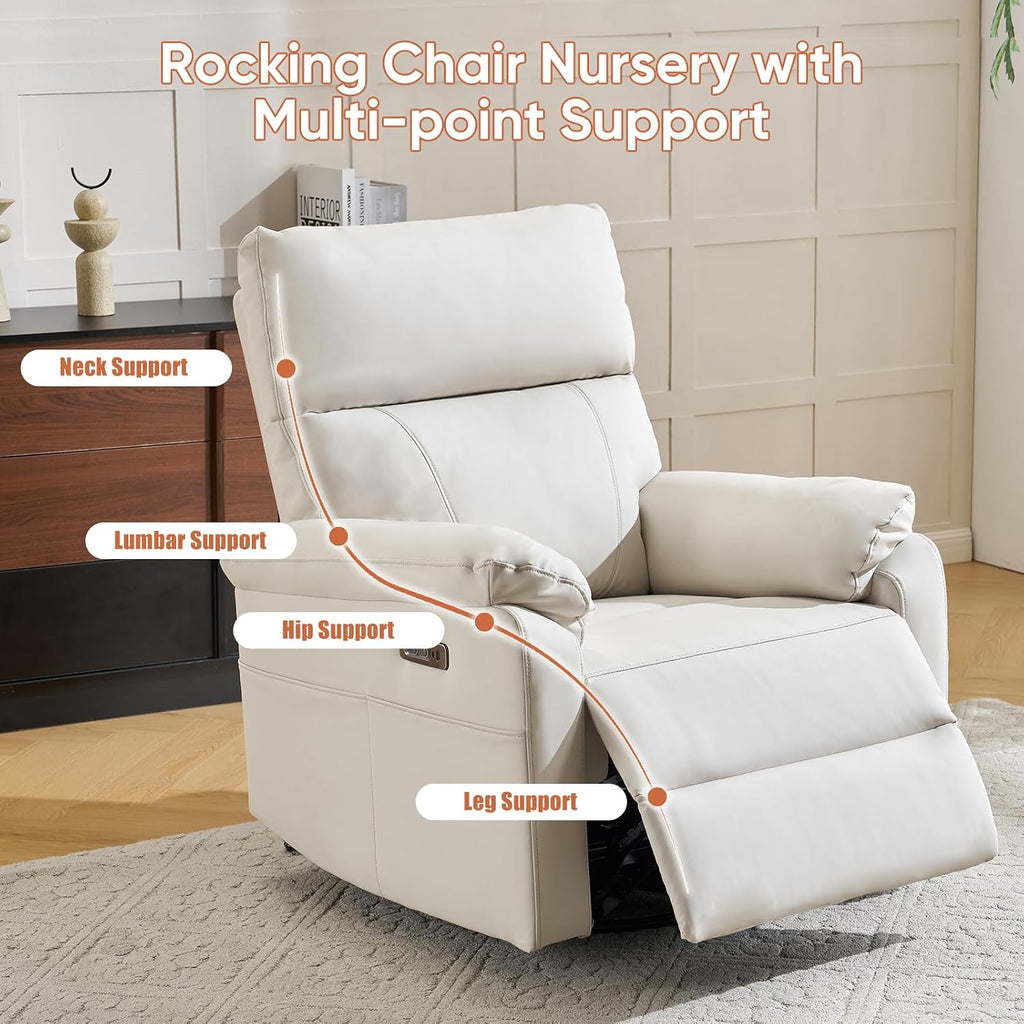 Power Recliner Chair with Adjustable Lumbar Support, Swivel Rocker Recliner with Overstuffed Armrests, Nursery Glider