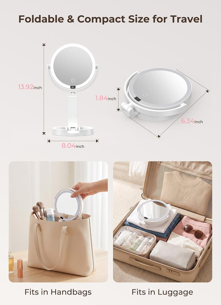 Lighted Travel Makeup Mirror, 1X & 10X Magnification, 3 Light Modes, Double Sided Magnification