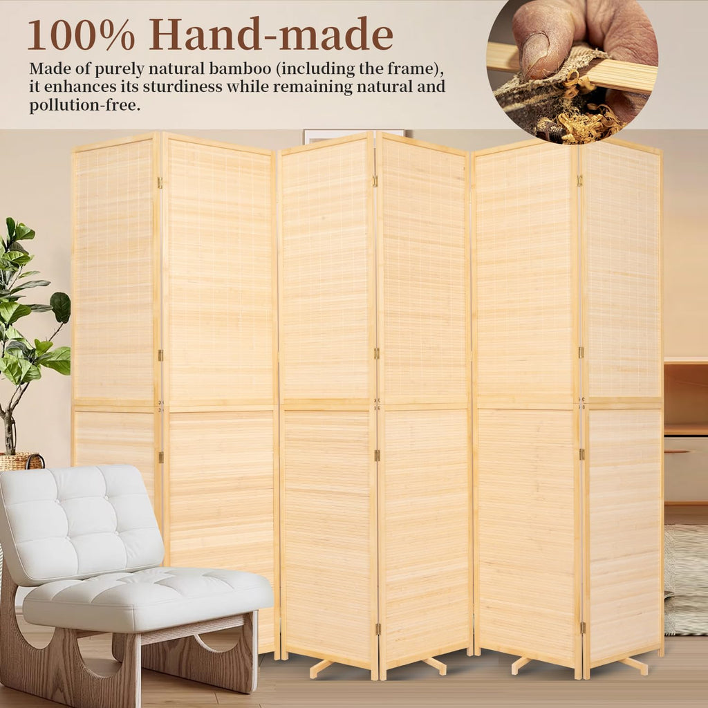 Bamboo Room Divider 6 Panel Wall Divider, Folding Screen W/Extra Stable Base