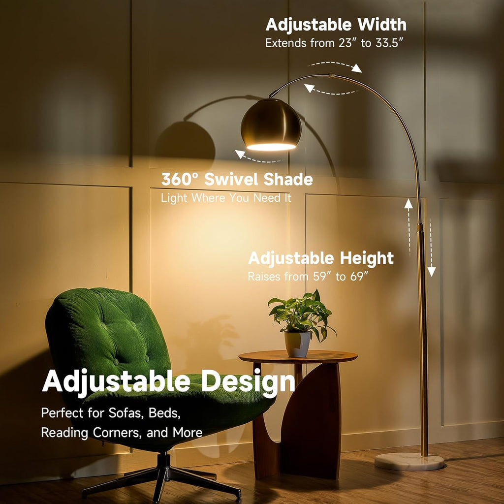 69" Modern Arc Floor Lamp, Gold Standing Light with Adjustable Metal Shade and Marble Base, LED Bulb Included