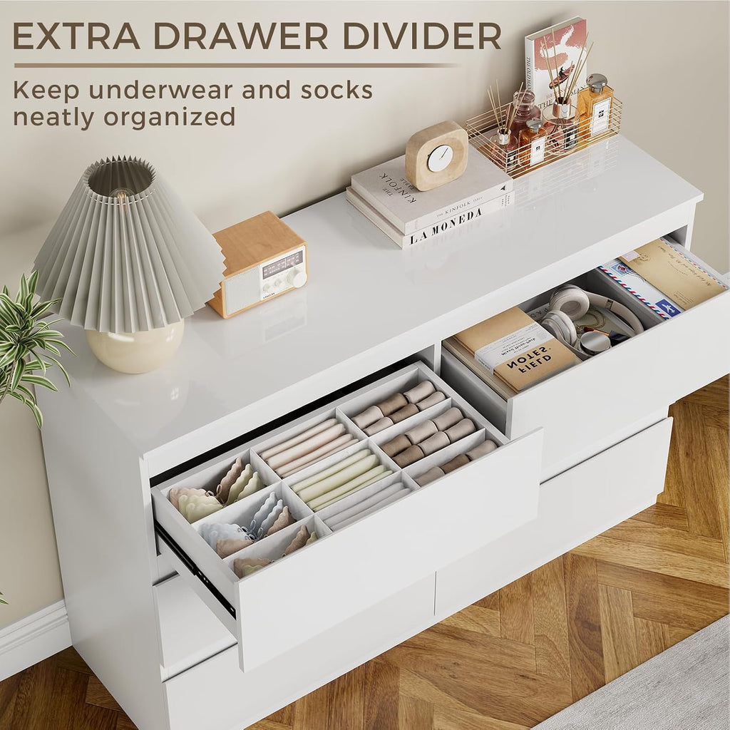 White 6 Drawer Dresser 47" Wide Closet Storage | Wood Dresser, Modern High Gloss, Handle-Free, |TV Stand|Living Room