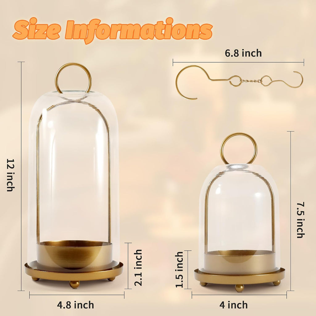 Hurricane Glass Candle Holders, Large & Medium Brass Lanterns Hurricane Candlestick Holder for Pillar Candles