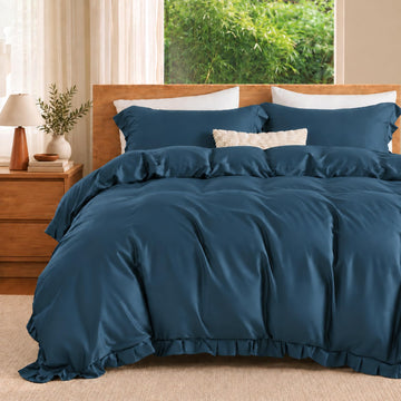 Ruffle Duvet Cover Set, 100% Viscose Derived from Bamboo - Cooling Silky Soft Ruffled Bedding for Hot
