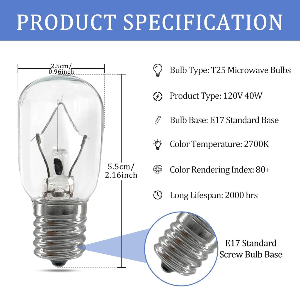 Light Bulbs for Whirlpool Microwave, 40w 125v E17 Microwave Light Bulbs Under Hood, Oven Light Bulb, High