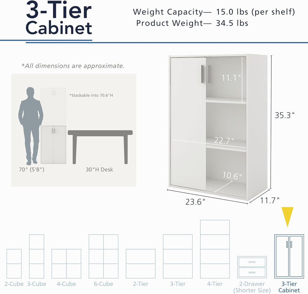 3-Tier Stackable Wood Bookcase with Doors, Cube Storage Organizer Shelves, Small Food Pantry Cabinet