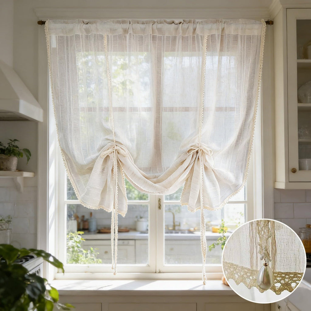 Beige Crochet Linen Striped Tie Up Sheer Curtain Valance Window