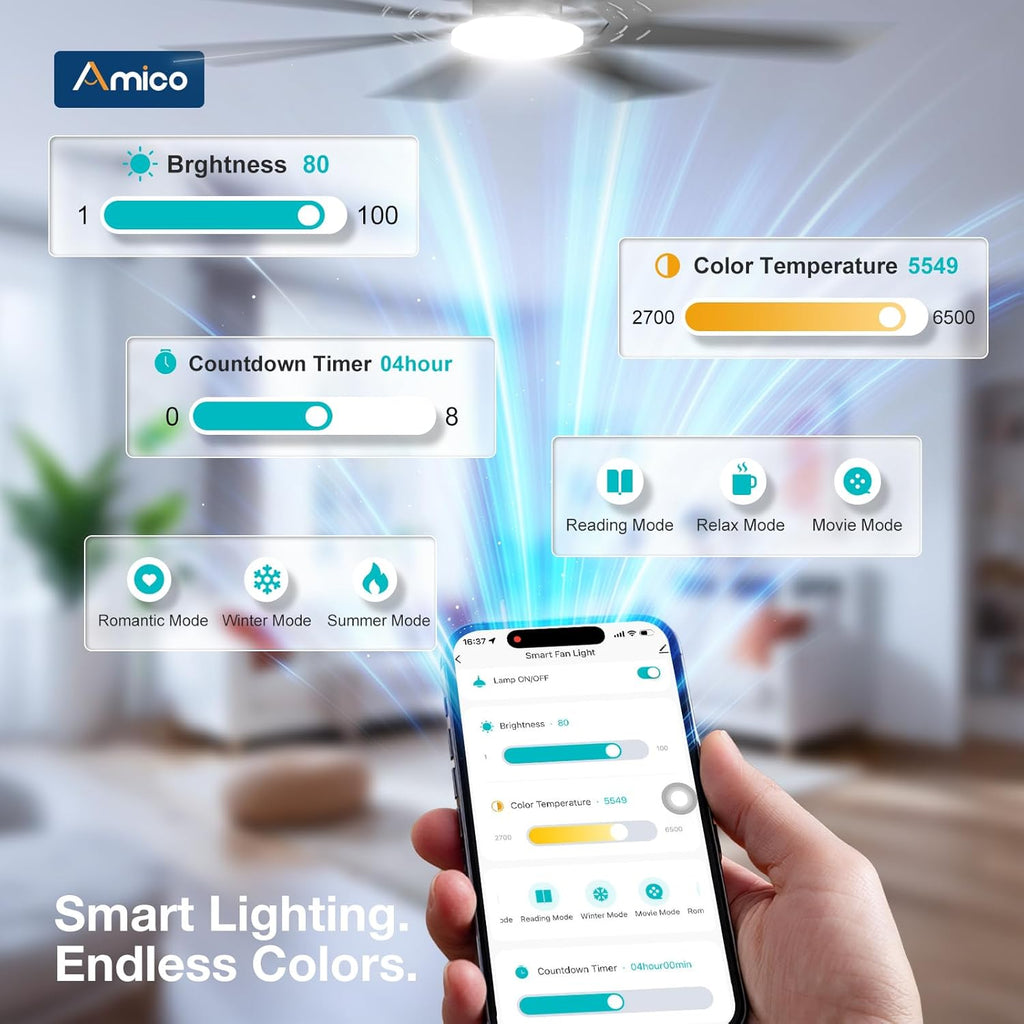 Ceiling Fans with Lights, 72 inch Smart Ceiling Fan Compatible with Alexa/App/Remote Contro,Reversible DC Motor