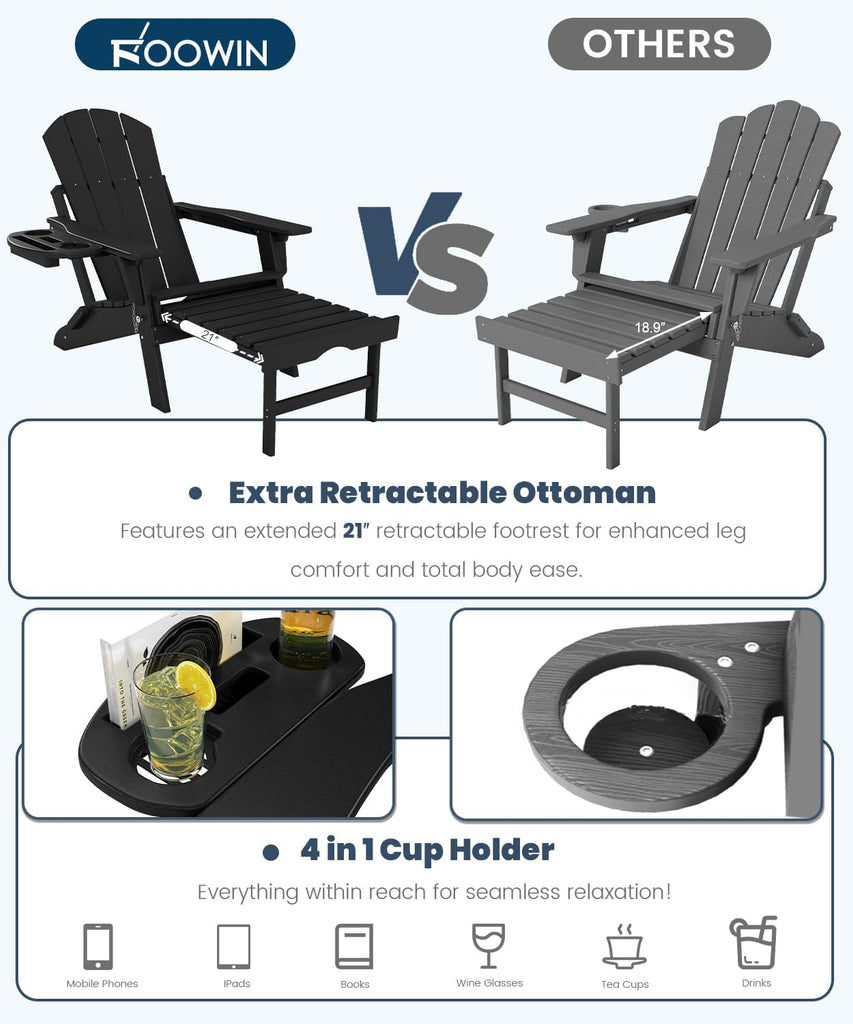 Folding Adjustable Adirondack Chair with Ottoman Set of 2 | HDPE Adirondack Chairs w/4 in 1 Cup Holder