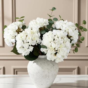 Real Touch White Faux Hydrangea And Eucalyptus Arrangement, Faux Floral Arrangements, Hyper Realistic Artificial