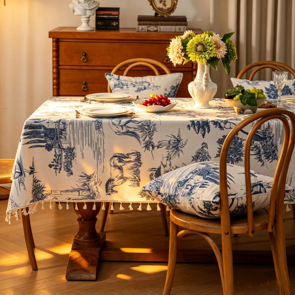 Retro Blue White Toile De Jouy Printed Rectangular Tablecloth, Premium Cotton Linen Table Cover with Complete Edge