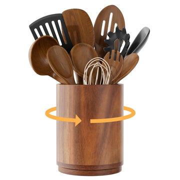 Utensil Holder, 360° Rotating Acacia Wood Kitchen Utensil Holder for Counter, 7.2" Large Cooking Utensil Crock