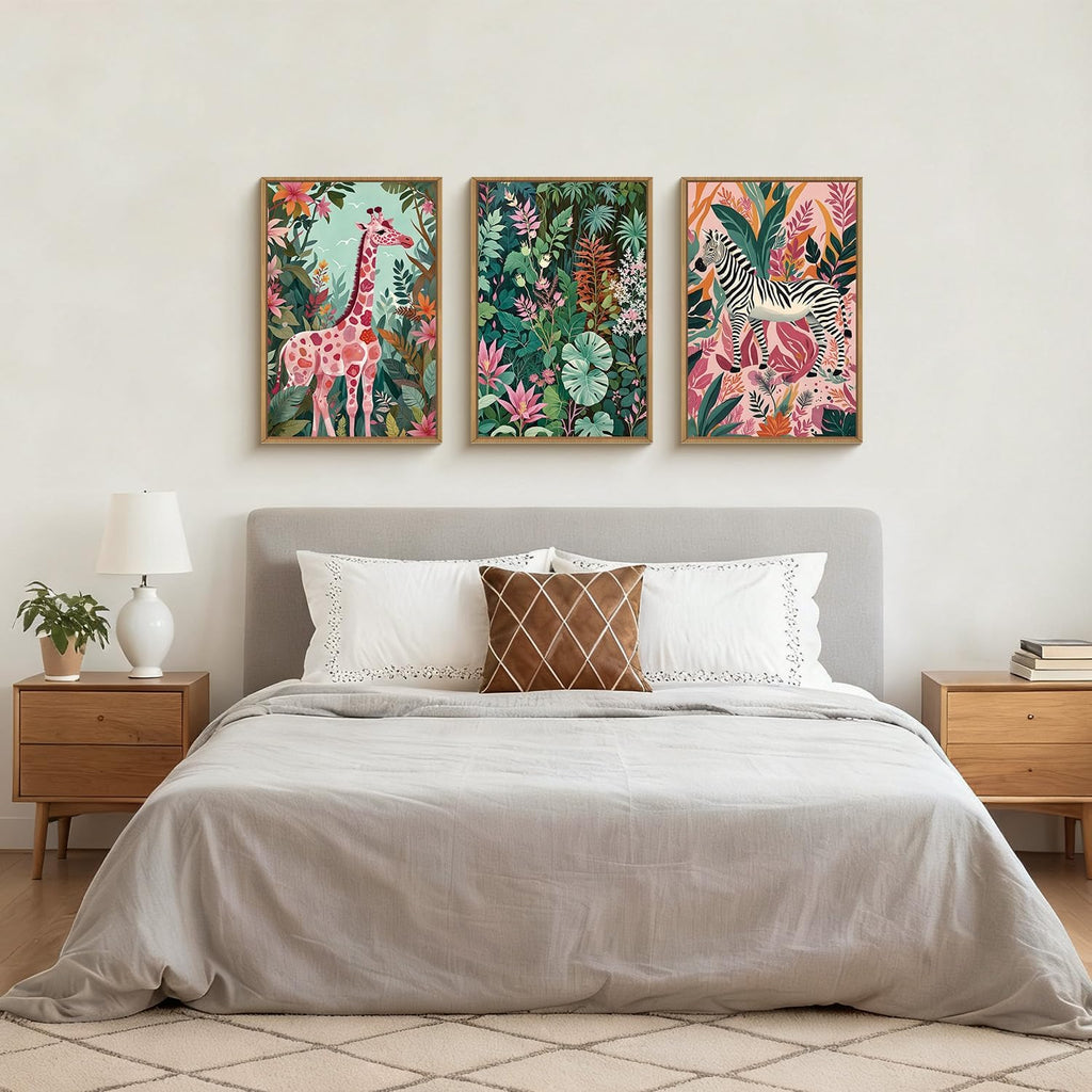 Spring Boho Sage Green Pink Giraffe Zebra Jungle Framed Canvas Wall Art Set,Natural Safari Tropical Wildlife Wall