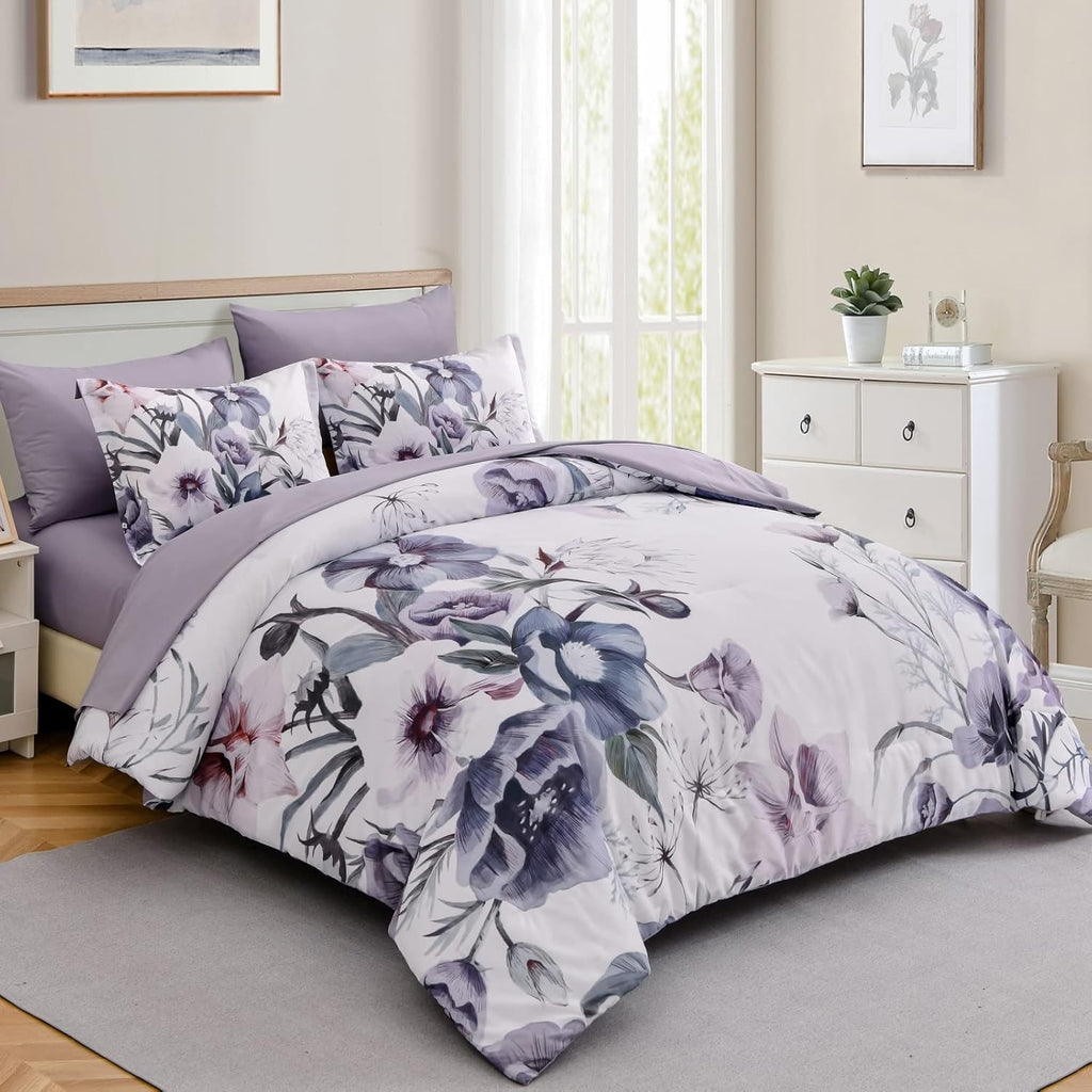 Floral Comforter Set Queen 7 Piece, Purple Flower Bed in a Bag, Elegant Floral Comforter with Sheet Set