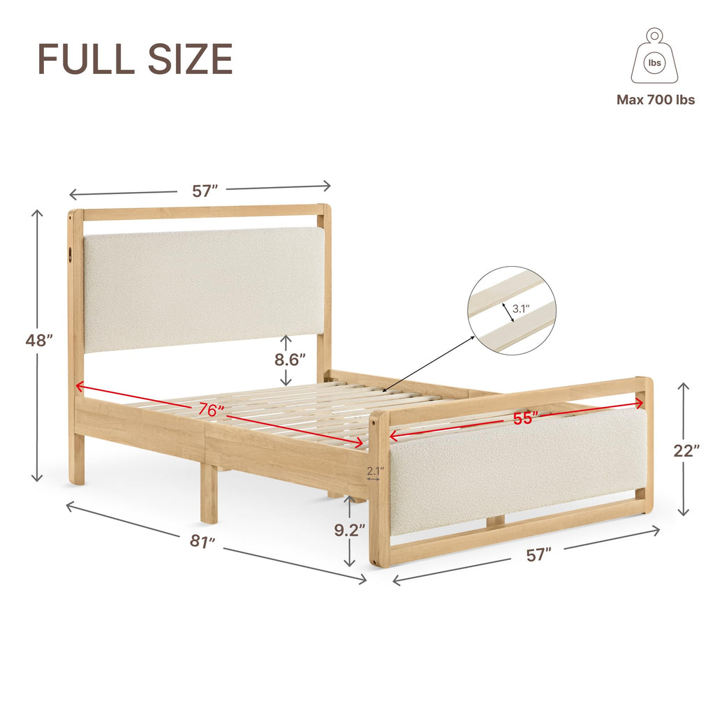 Wood Bed Frame, with USB Headboard & Footboard, Oat, Full