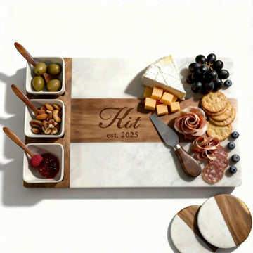 Personalized Charcuterie Board Set, Custom Engraved Marble Acacia Wood Cheese Board with Knife Set, Serving Board for