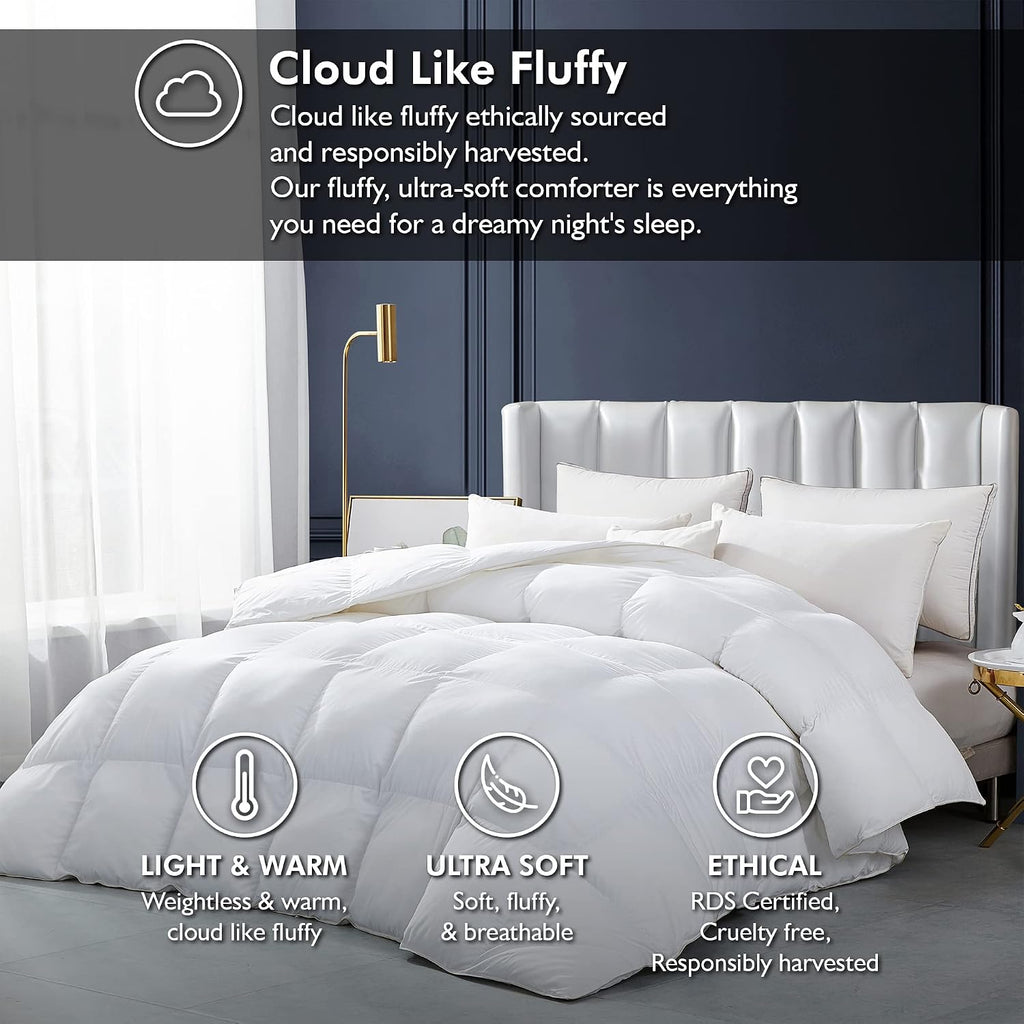 Luxurious All-Season Goose Down Feather Fiber Comforter Queen Duvet Insert, Exquisite Pinch Pleat Design, Premium