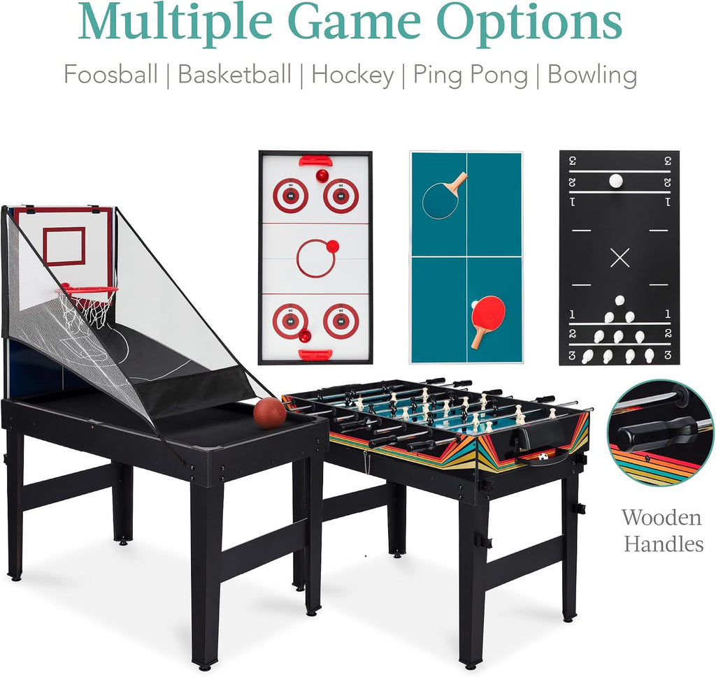 Combo Game Table Set for Home, Game Room, Friends & Family w/Ping Pong, Foosball, Basketball, Air Hockey, Archery