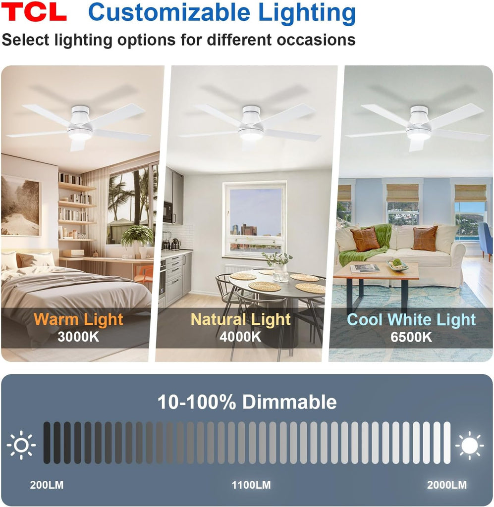 52" Modern Ceiling Fan with Lights, 5 Blades, 6 Speeds DC Reversible, Dimmable, White Flush Mount for Bedroom, Living Room and Garage