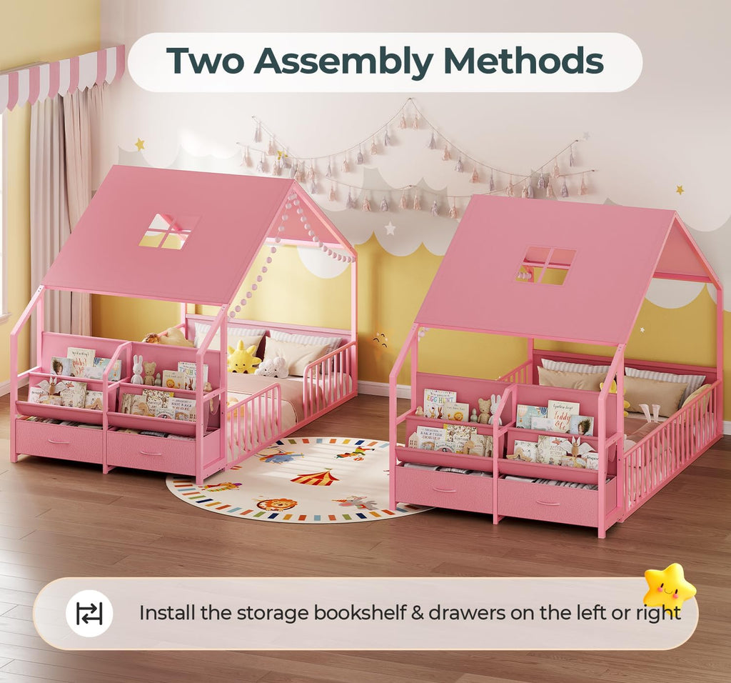 Montessori Twin Floor Bed, Safety Guardrail, Reading Nook, House Shape,Pink | Sling Bookshelves, Storage Drawers