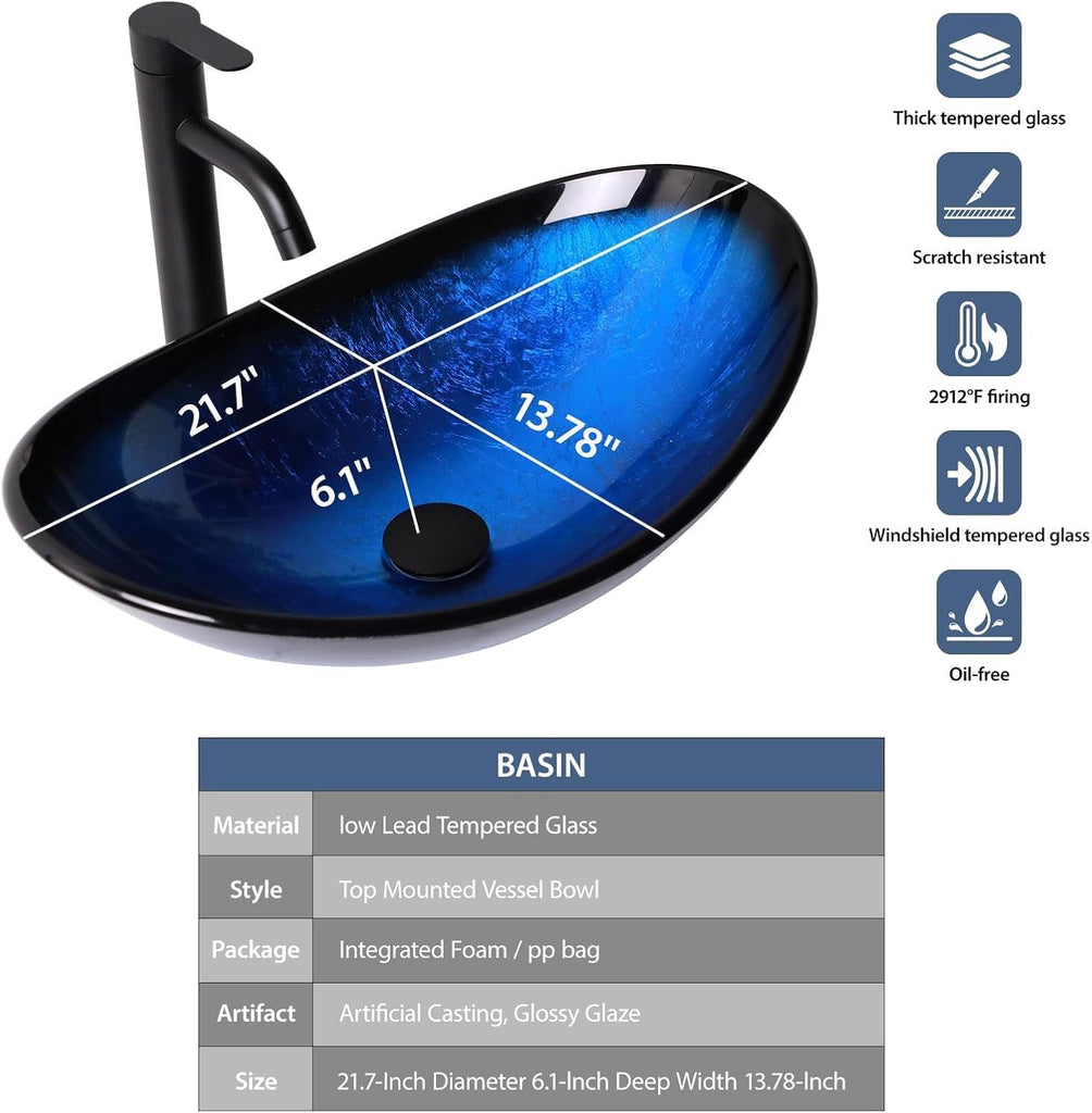 Glass Vessel Sink Bathroom Sink 21" Artistic Boat Shaped Black Blue Tempered Vessel Sink with Black Faucet Pop Up
