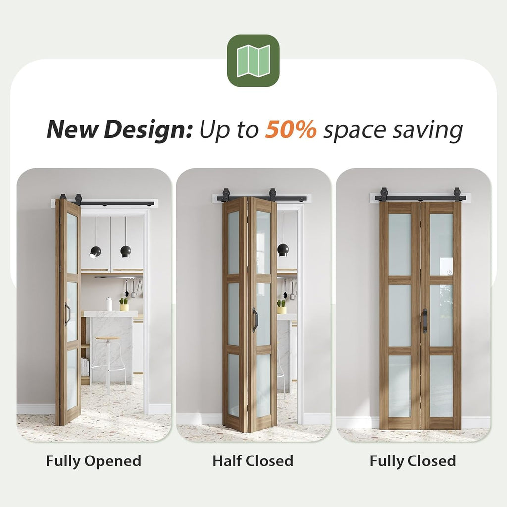 Bifold Barn Doors 30X84 (Double 15x84) with Frosted Glass and Hardware Kit Included, Brown,for Bedro