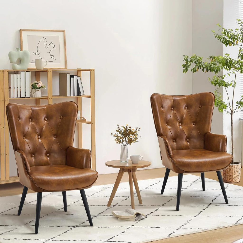 Accent Chairs Set of 2, Brown PU Leather Reading Armchair with High Backrest, Wingback Corner Chair Mid Century