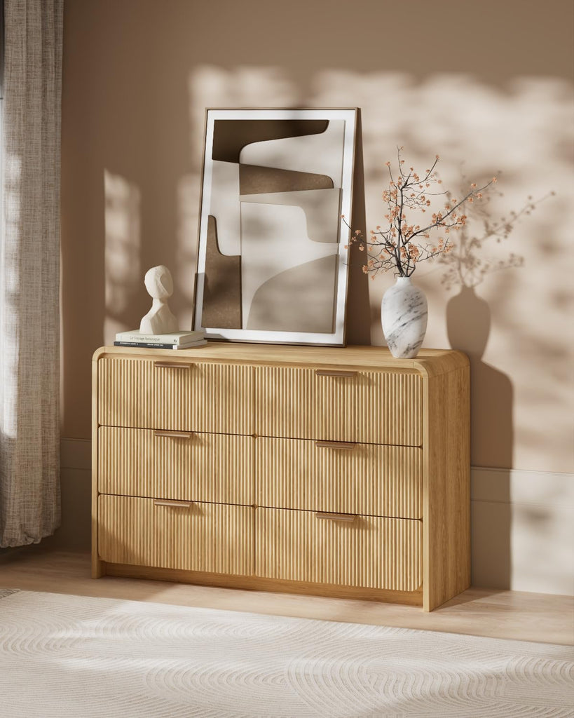 Fluted 6 Drawer Dresser, 47" Wide Wooden Storage Chest with Rounded Curved Corners and Gold Handles, Natural Oak Wood