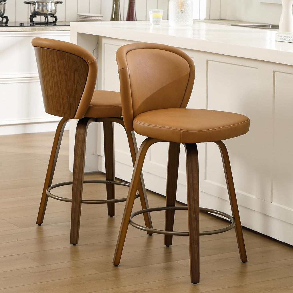 Swivel Counter Height Bar Stools Set of 6, 26 Inch Barstools with Wanlut Wooden Leg and Back, Faux Leather