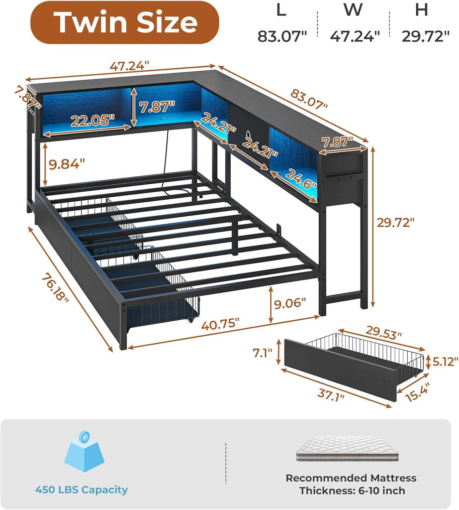 Twin Corner Bed Frame with Bookcase Storage and Led Lights Twin Size Metal Platform Bed Frames with Storage Drawers