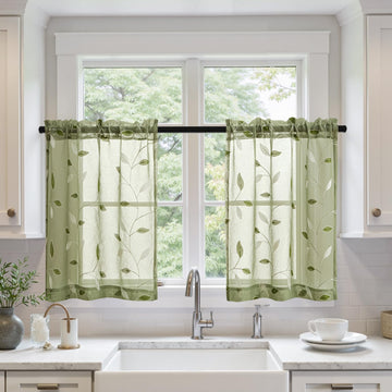 Sage Green Sheer Curtains 2 Panels Leaf Patterned, W52 x L96