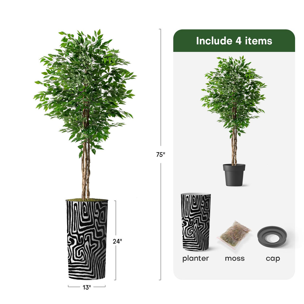 Artificial Tree in Modern Geometric Pattern Planter, Fake Ficus Silk Tree for Indoor and Outdoor Home Decoration