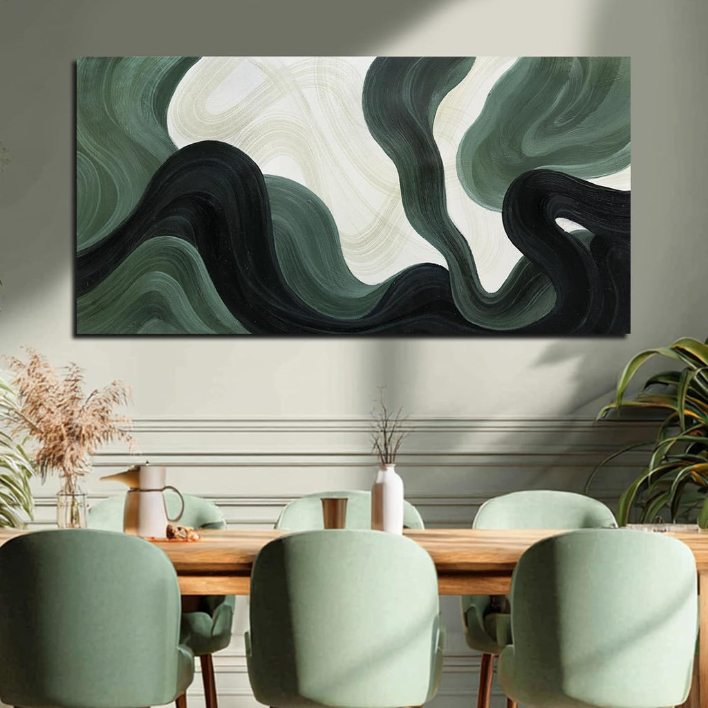 Modern Green Abstract Canvas Wall Art Fluid Wave Style Canvas Print in Dark Green Black and Beige Oversized Wall