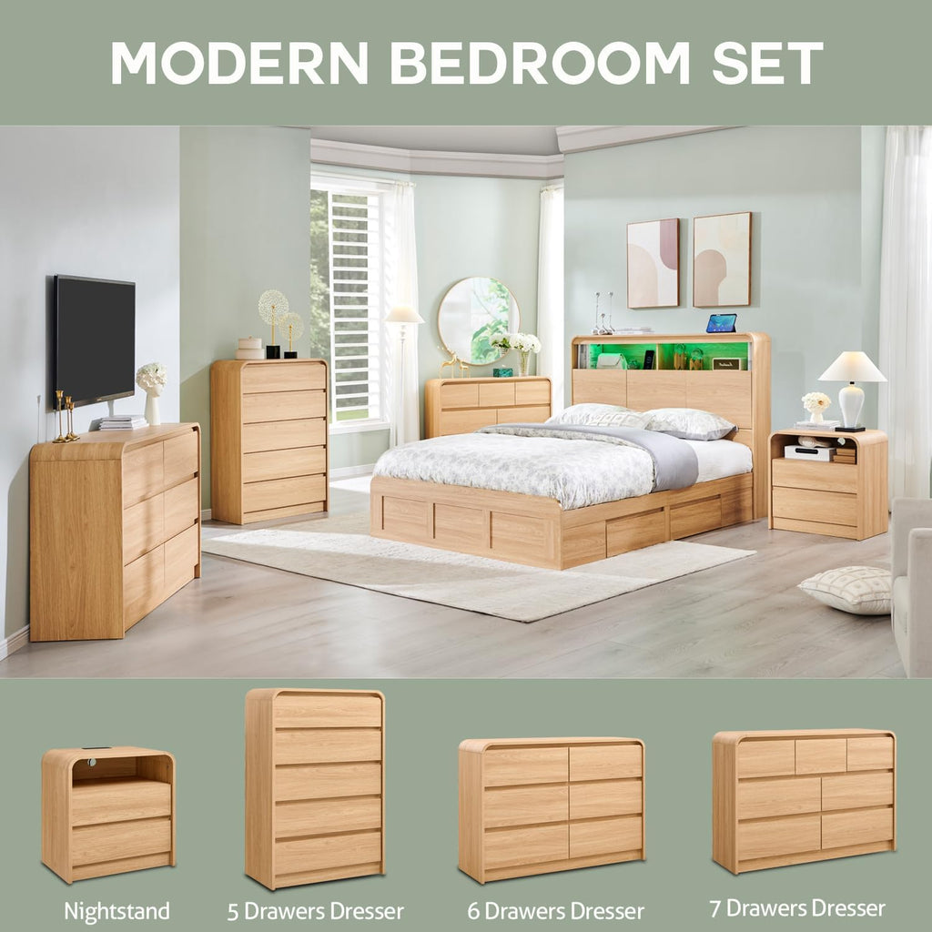 Modern 7 Drawers Dresser , 47" Wide Wood Dressers & Chests of Drawers w/Curved Profile Design, Mid Century Modern