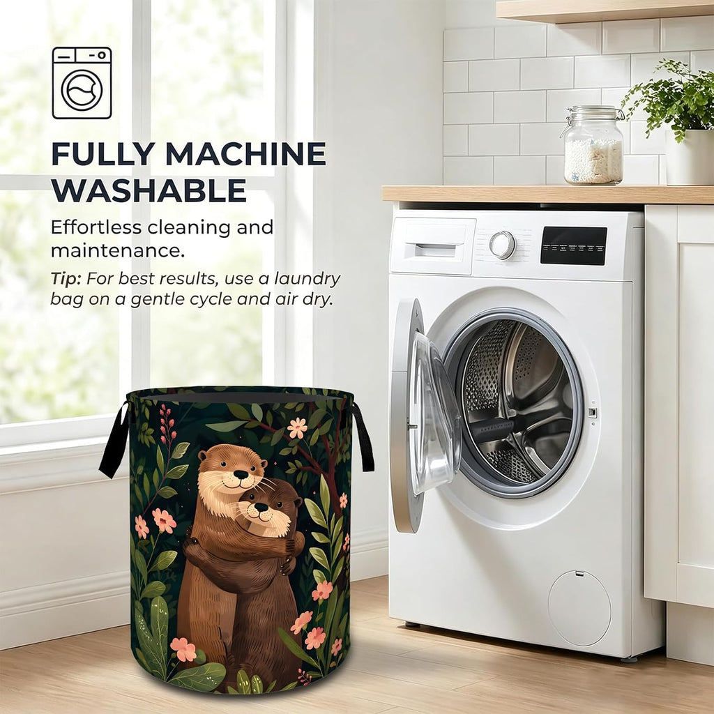 Cozy Otter Laundry Basket, Forest Blossom Print Decorative Hamper , Portable Waterproof Cloth Bin with Handles