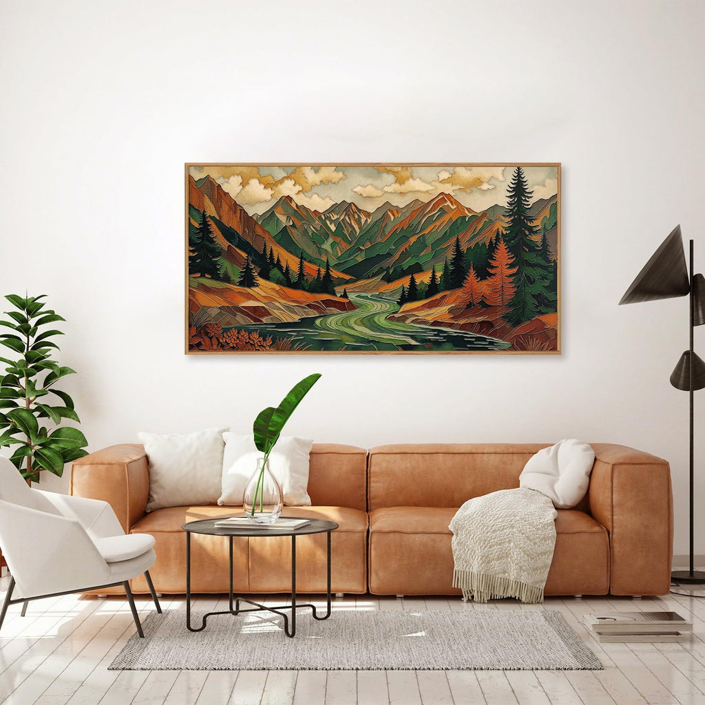 Abstract Boho Mountain Framed Canvas Wall Art Set,Vibrant Forest Pine Tree Wall Decor,Textured Landscape Artwork