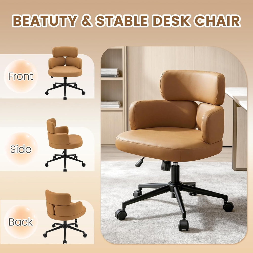 Leather Home with Unique Curved Back, Wide Seat Computer Desk Chair with Wheels,Swivel Tilt & Height Adjustable,Matel