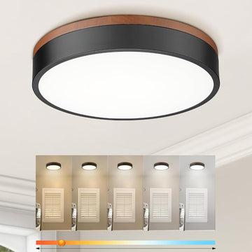 12" Modern Flush Mount Ceiling Light,Deep Wood and Black,1 PK | Close to Ceiling,5CCT 24W Dimmable LED,Bright Light