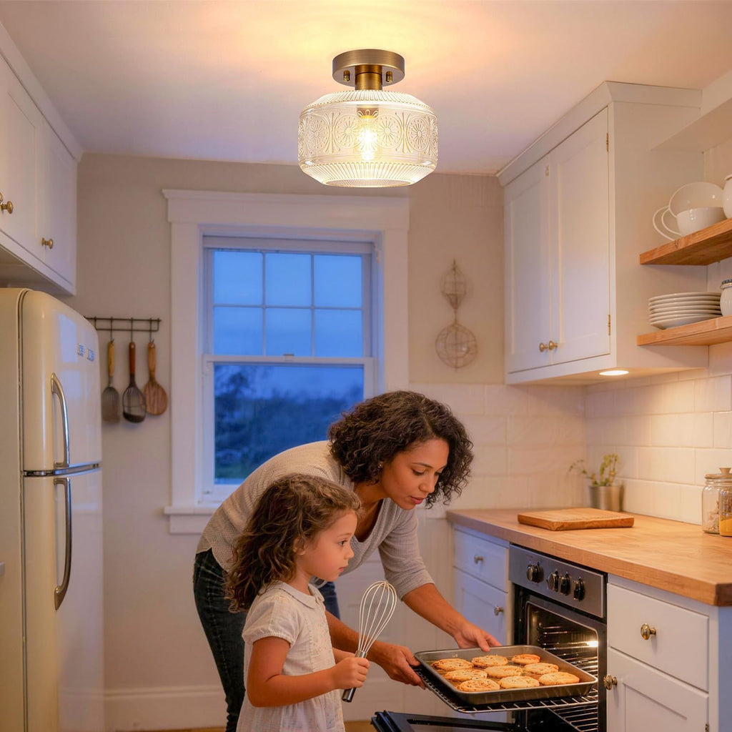 Semi Flush Mount Ceiling Light, Brass Thick Glass Fixture | Thick Glass Shade Creates Soft Warm Glow, Semi Flush