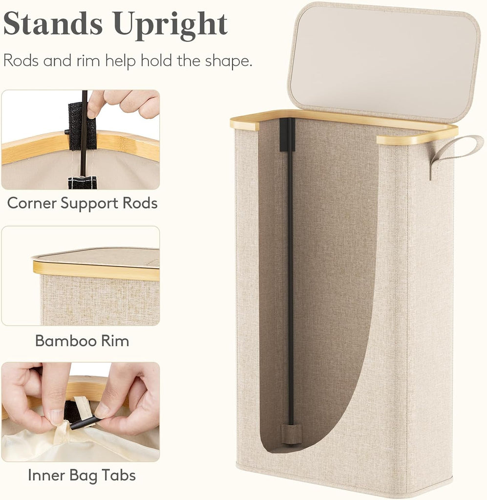 65L Slim Laundry Hamper with Lid, Narrow Laundry Basket with Removable Bag & Bamboo Handles, Fodable Thin Dirty