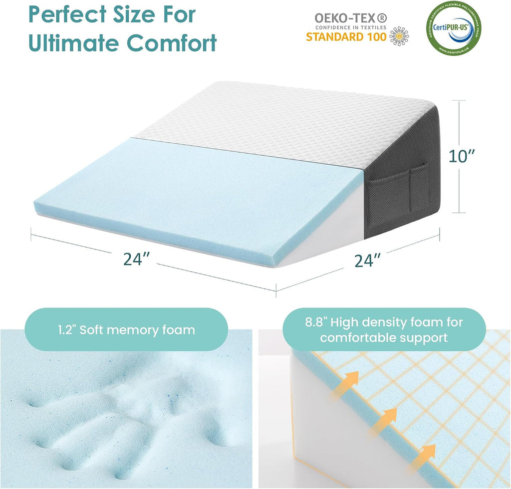 10-inch Bed Wedge Pillow for Sleeping Back Support Pain Relief | Cooling Memory Foam Incline Wedge for Sleeping After