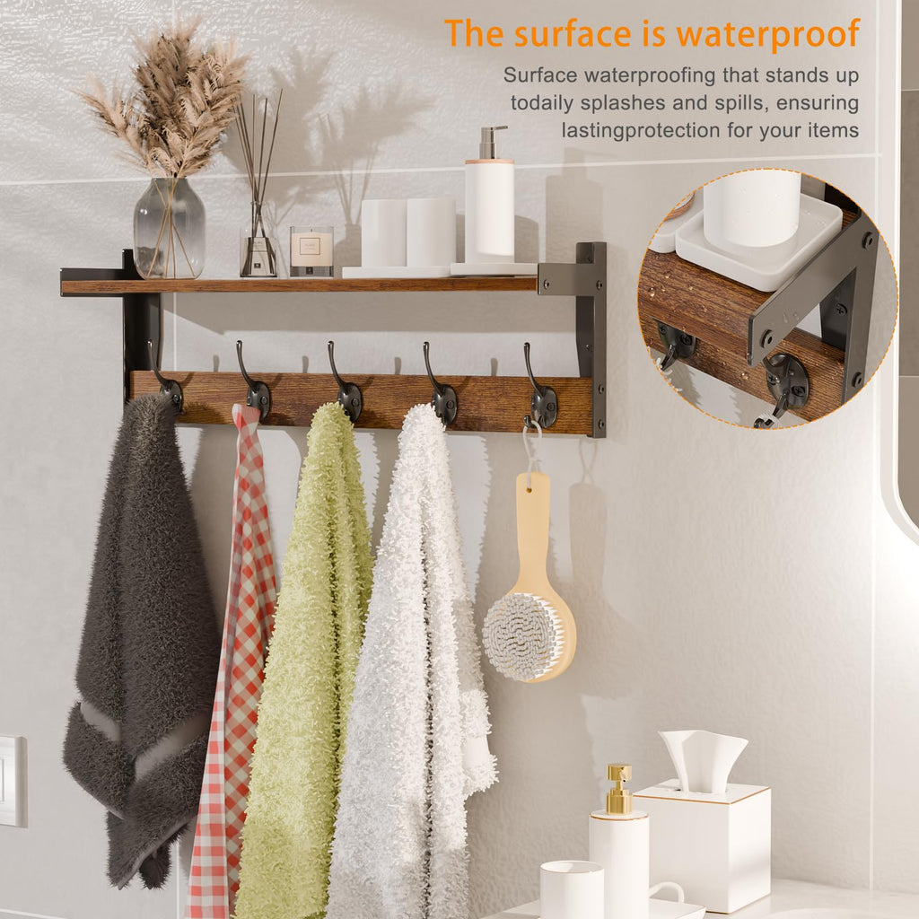 Coat Rack with Wall Mount, 23 Inch Long Entryway Wall Shelf with Hooks, Wood Hanger with Storage Shelf, Rustic Brown