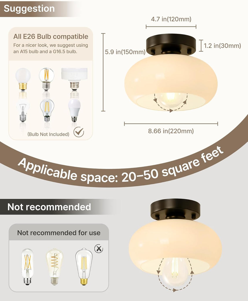Semi Flush Mount Ceiling Light, Black Light Fixture, Mid-Century Modern Farmhouse Milk Glass Small Light Fixtures
