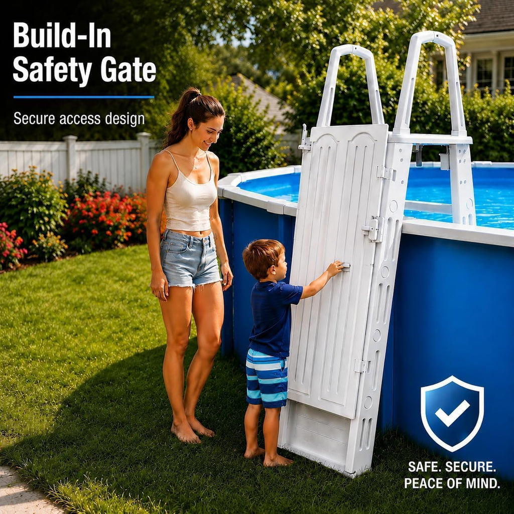 Above Ground Pool Ladder & Step System with Lockable Safety Gate, Adjustable Height, Wide Non-Slip Steps, Heavy-Duty