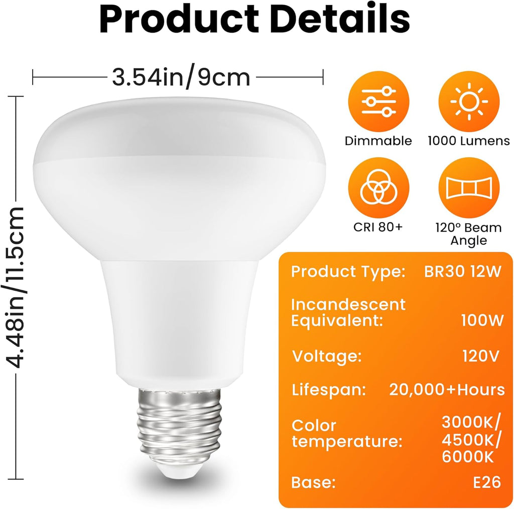 BR30 LED Flood Light Bulbs - 2 Pack 65W 1000LM Indoor Flood Lights, E26 Base, 3 Color Temperature Dimmable Recessed