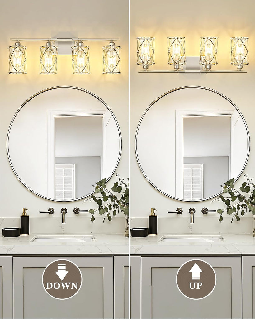 4-Light Brushed Nickel Bathroom Light Fixtures, 29 Inch Modern Bathroom Vanity Lighting Fixtures Over Mirror with