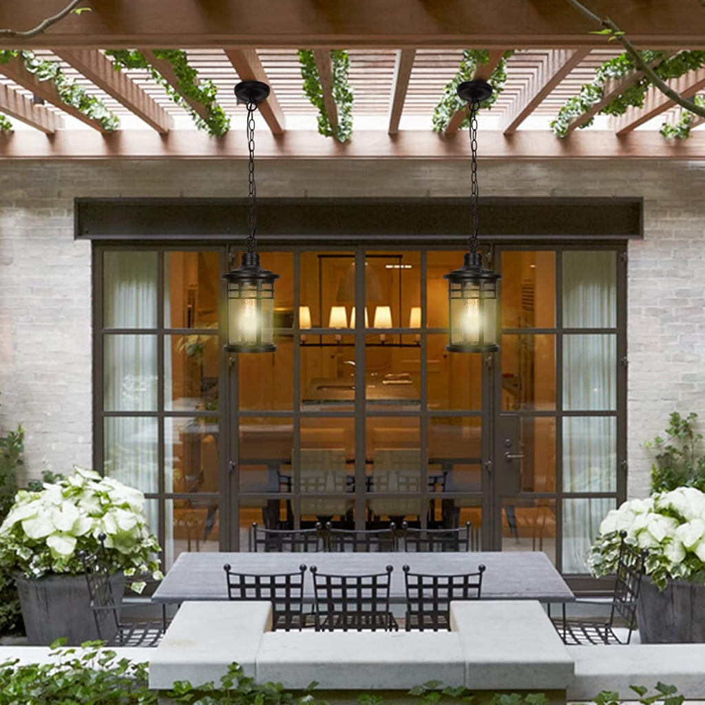 Outdoor Pendant Lights for Porch, Outdoor Chandelier Hanging Porch Lights Ceiling Mount Aluminum with Seeded Glass