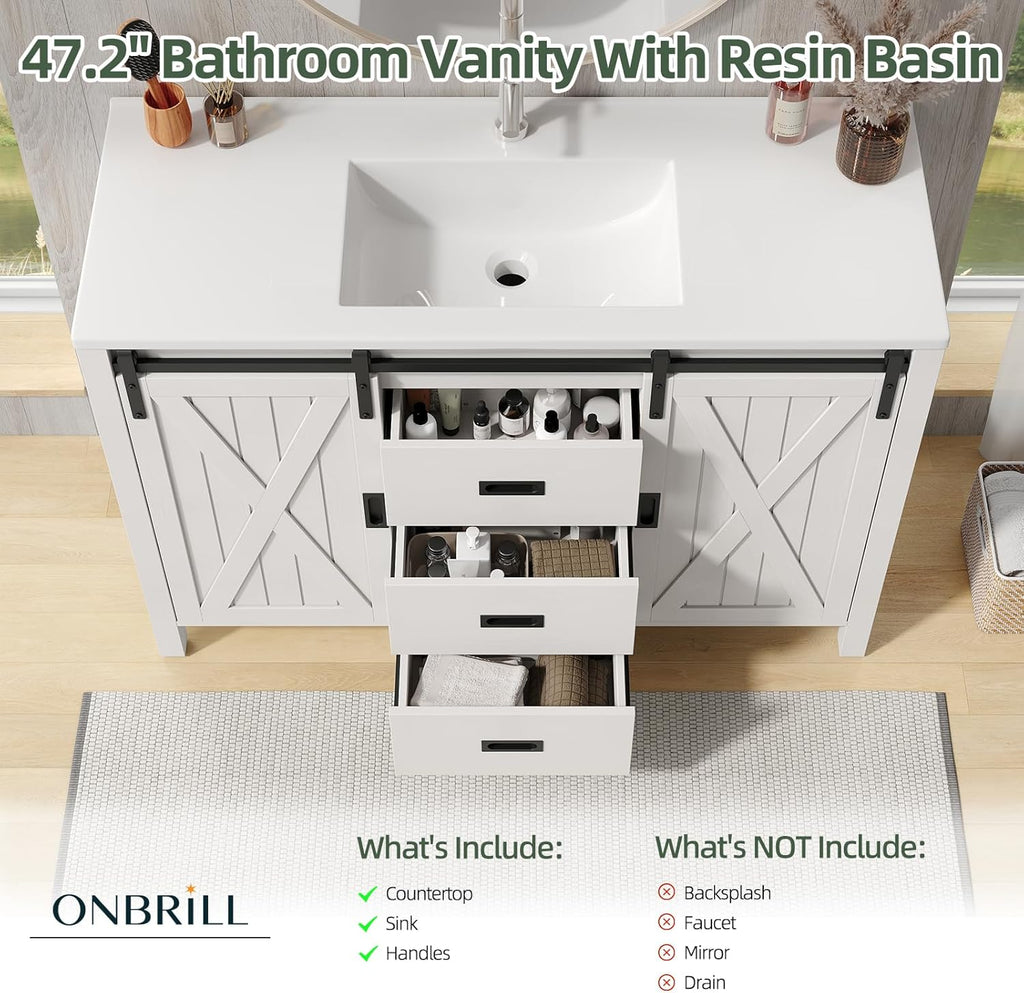 47.2 Inch Bathroom Vanity with Sink Combo, Farmhouse Sliding Barn Door Bathroom Vanity Cabinet