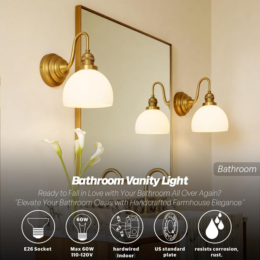 Brass Gold Wall Sconce Vintage Milk Glass Bathroom Vanity Light | Bathroom Wall Sconces,Antique Brass,Thick