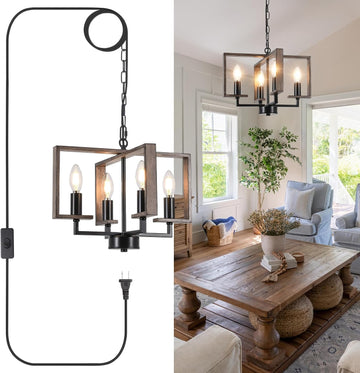 Plug in Chandelier, 4 Light Geometric Hanging Lights with Plug in Cord 15FT & Switch